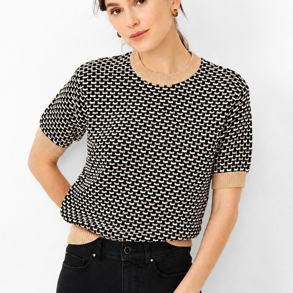 Ann Taylor Factory Short Sleeve Sweater Large Tan Black White Geometric Preppy